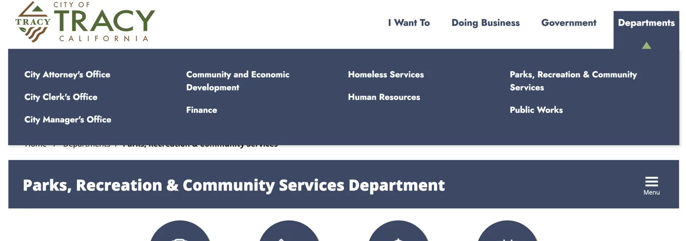 New Departments menu: ten departments in four columns on a navy panel
