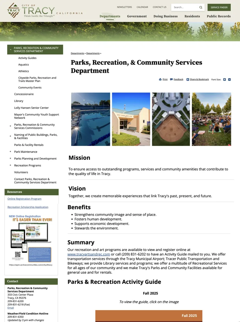 Old Parks page, full length: a long left menu, a photo strip, then Mission, Vision, Benefits, and Summary text sections, with contact details in a sidebar