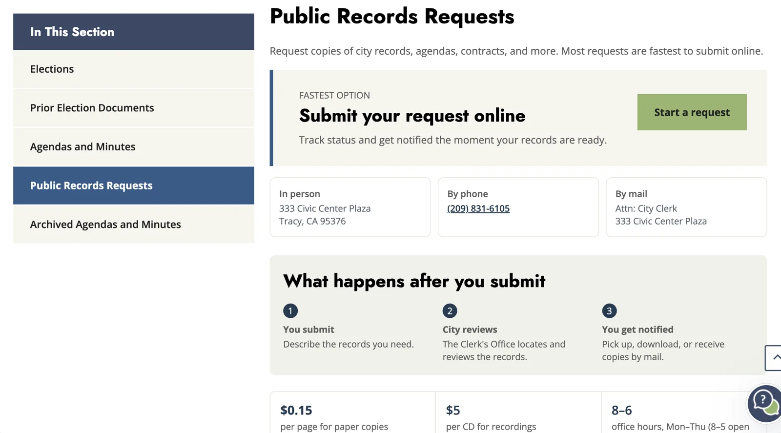 Redesigned page: a Fastest option panel with a Start a request button, three contact cards, a three-step process, and fee and hours figures