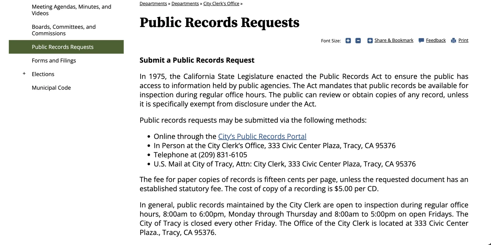 Old Public Records Requests page: a paragraph about the 1975 Public Records Act, a bulleted list of four submission methods, and fees and office hours written as paragraphs