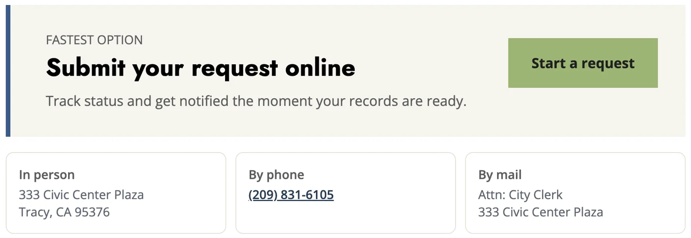 Fastest option panel reading Submit your request online with a Start a request button, above three cards for in person, by phone, and by mail