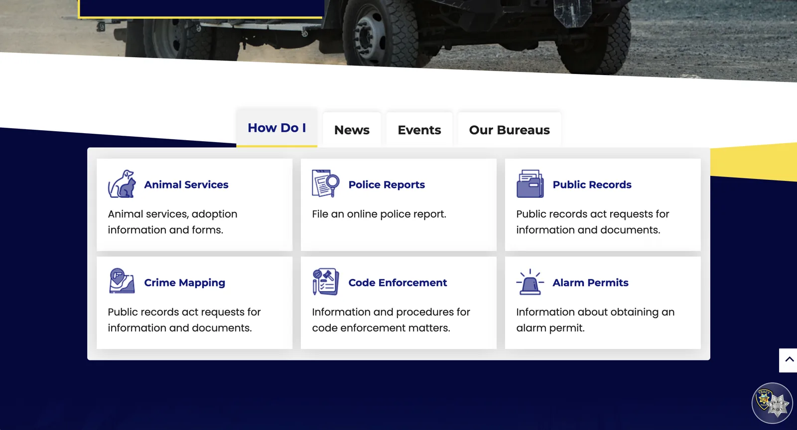 Homepage How Do I tab showing six task tiles with icons: Animal Services, Police Reports, Public Records, Crime Mapping, Code Enforcement, Alarm Permits