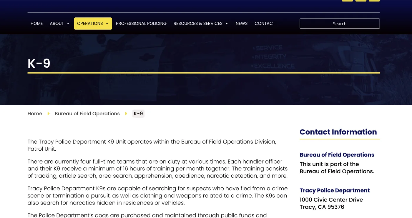 Old K-9 page: tall dark banner with the page title, a breadcrumb that skips Operations, body text starting below the fold, and a contact sidebar with no section navigation