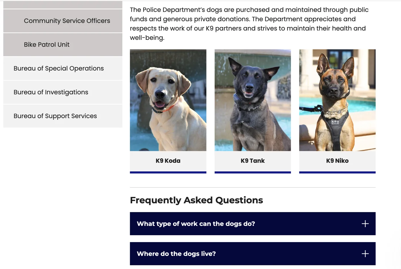 K9 profile cards for Koda, Tank, and Niko above a Frequently Asked Questions accordion