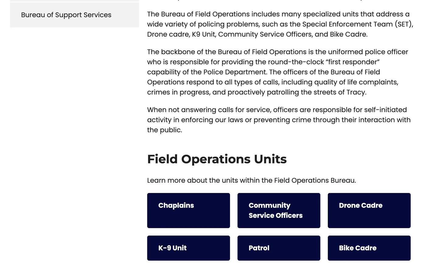 Field Operations Units grid with six tiles: Chaplains, Community Service Officers, Drone Cadre, K-9 Unit, Patrol, Bike Cadre